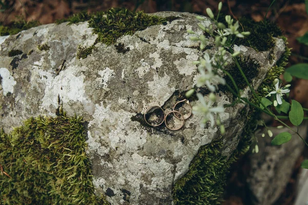 Anéis Casamento Anel Noivado Uma Superfície Pedra — Fotografia de Stock