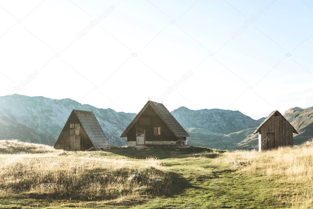 The traditional wooden summer houses of shepherds in the highlands in northern Montenegro are abandoned in the fall.