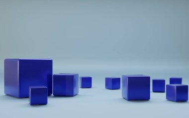 Gri-mavi arkaplanda 3D mavi küp, 3D kompozisyon. Pankart, poster, broşür, kartpostal, kapak, broşür için arka plan tasarımı. Logo tasarımı.