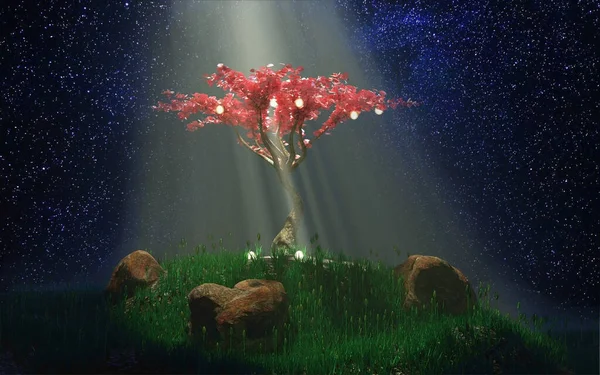 Fantasy illustration. tree with red foliage under a ray of light against the background of the starry sky. 3D rendering