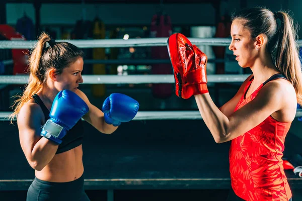Porträtt Två Kvinnor Boxning Träning Gymmet — Stockfoto