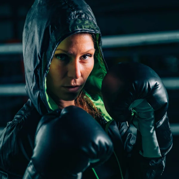 Portrait Female Boxer Boxing Gloves Hoodie — Stock Photo, Image