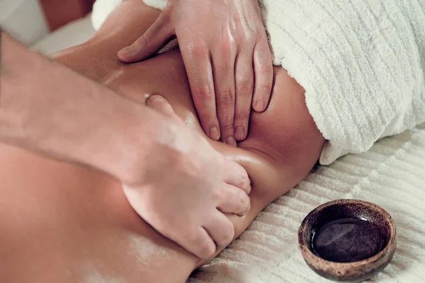 Female Enjoying Relaxing Back Massage Cosmetology Spa Center — Stock Photo, Image