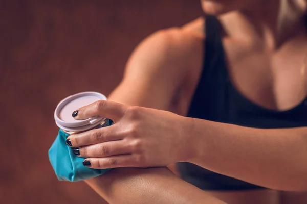 Holding Blue Ice Pack Painful Elbow — Stock Photo, Image