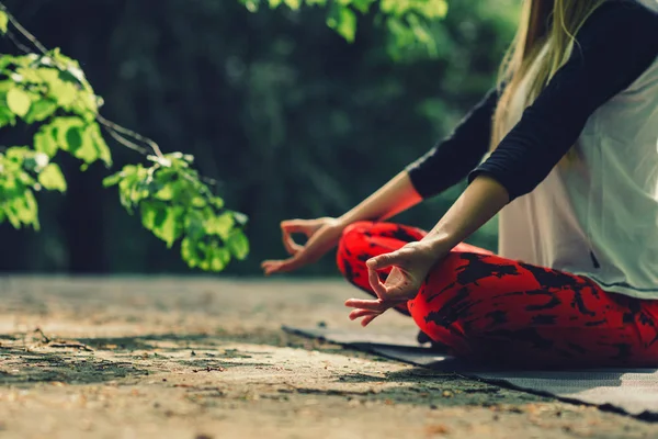 Närbild Händerna Ung Kvinna Som Mediterar Parken — Stockfoto