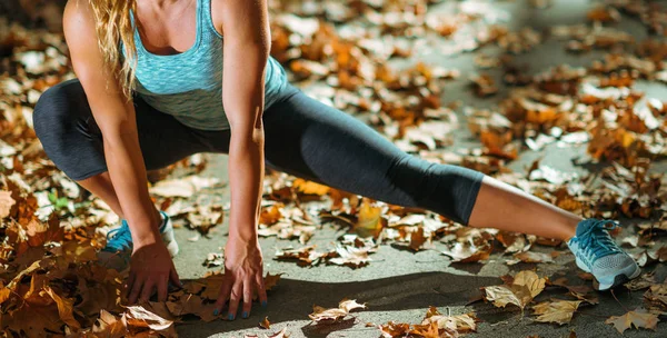 Woman Stretching Park Fall — Stock Photo, Image