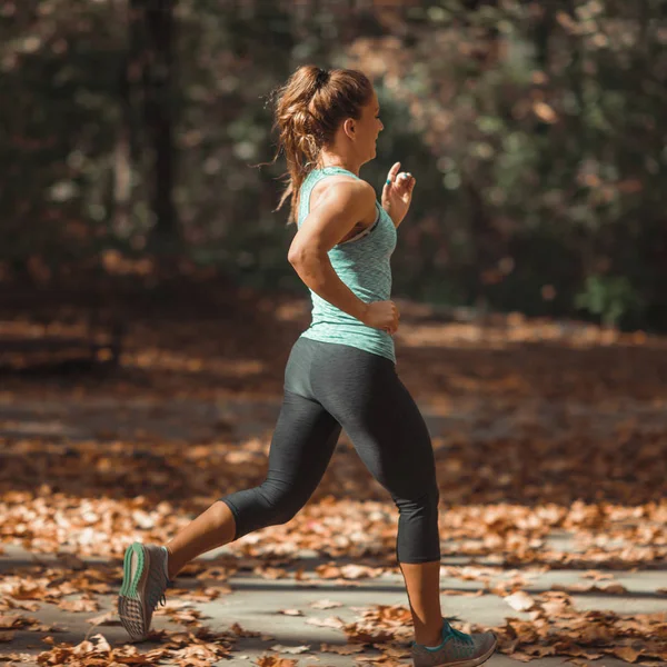 Kvinna Som Jogging Offentlig Park Höst — Stockfoto
