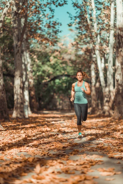 Žena Běhání Venku Podzim Veřejném Parku — Stock fotografie