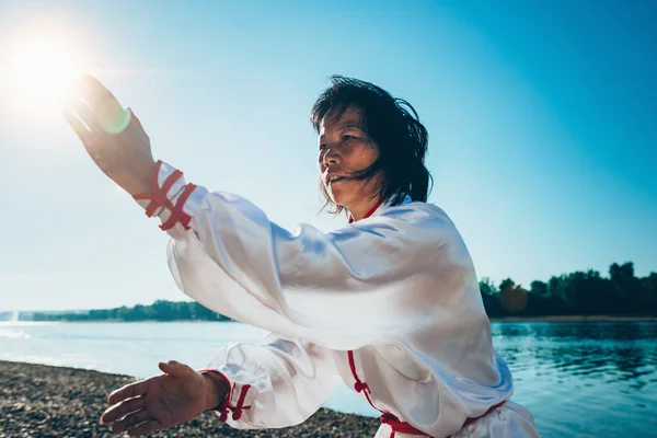 Wanita Asia Dalam Pakaian Tradisional Berlatih Tai Chi Oleh Danau — Stok Foto