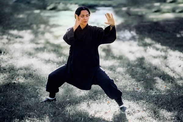 Mujer Practicando Tai Chi Quan Parque — Foto de Stock