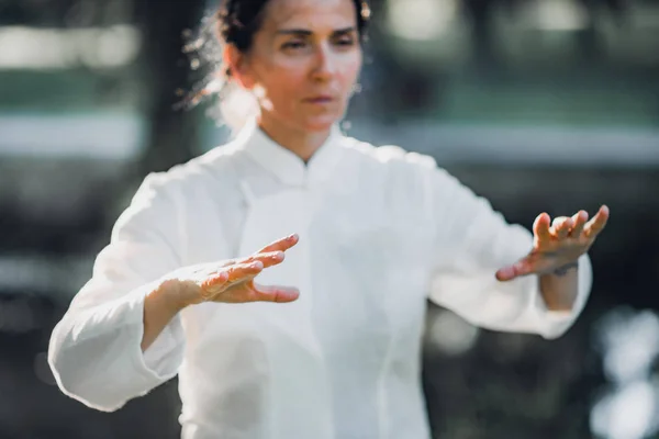 Donna Che Pratica Tai Chi Quan Nel Parco — Foto Stock