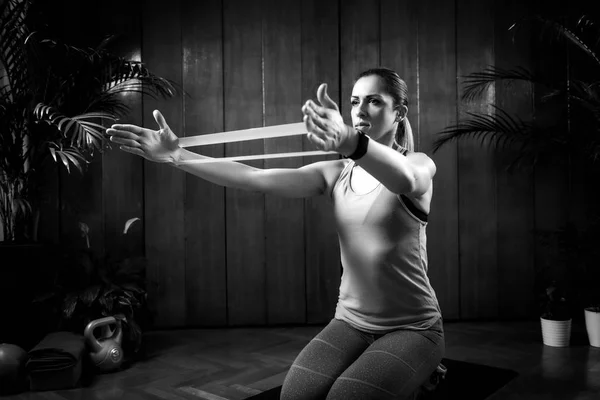 Woman Exercising Rubber Resistance Band Home — Stock Photo, Image