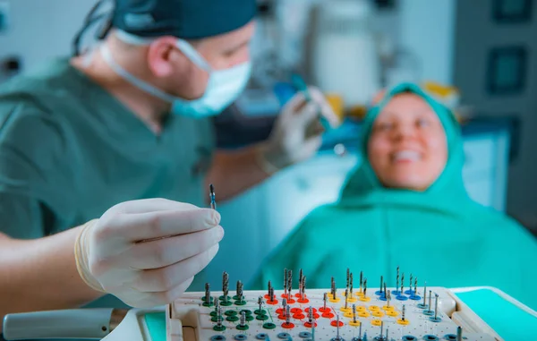 Dentist Prosthetist Box Set Tools Installation Dental Implants — Stock Photo, Image