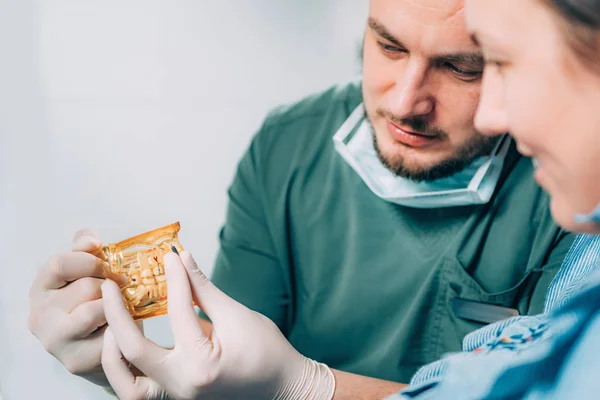 Dentist Explaining Dental Implant Procedure Patient Clinic — Stock Photo, Image