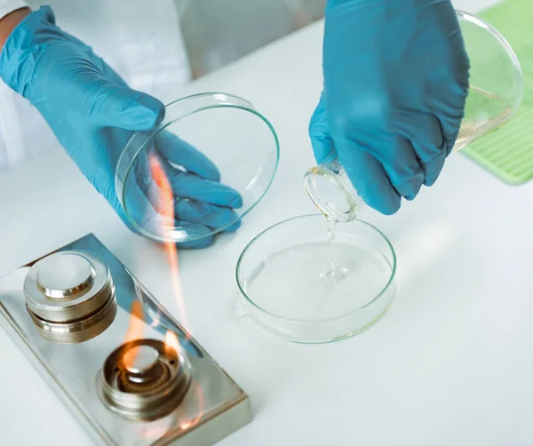 Microbiologia Mãos Microbiologista Derramando Ágar Uma Placa Petri — Fotografia de Stock