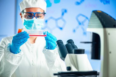  Sahne Alanı'nda mikroskop slayt yerleştirerek bir laboratuvarda çalışan bilim adamı