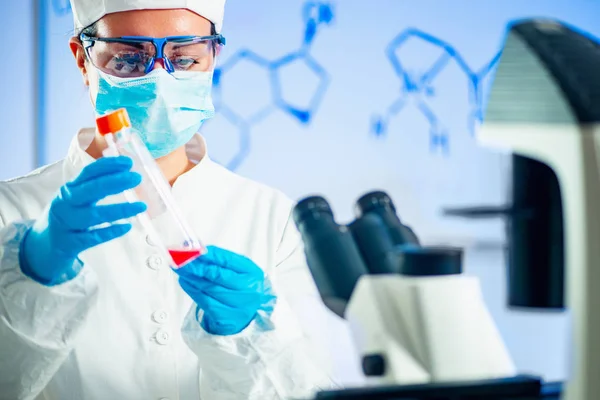 Scientist Working Laboratory Placing Microscope Slide Stage — Stock Photo, Image