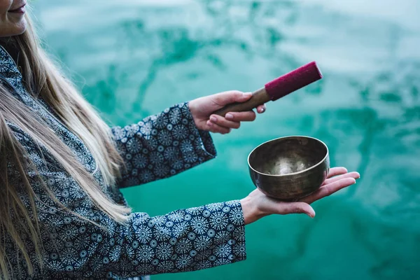 Close Young Woman Tibetan Bowl — Stock Photo, Image