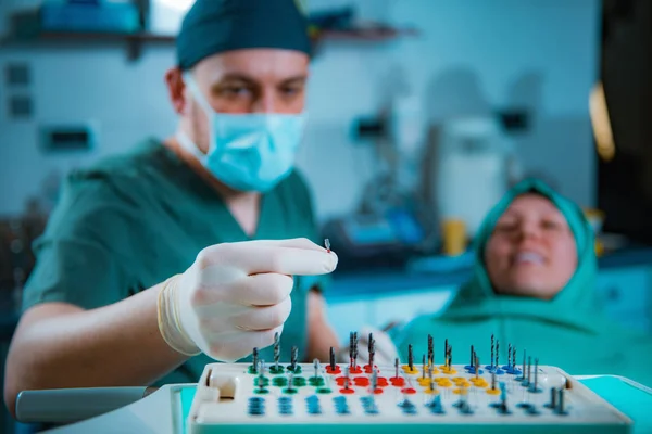 Dentist Prosthetist Box Set Tools Installation Dental Implants — Stock Photo, Image