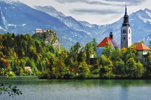 Lago Bled Com Assunção Maria Peregrinação Igreja Pequena Ilha Antigo — Fotografia de Stock