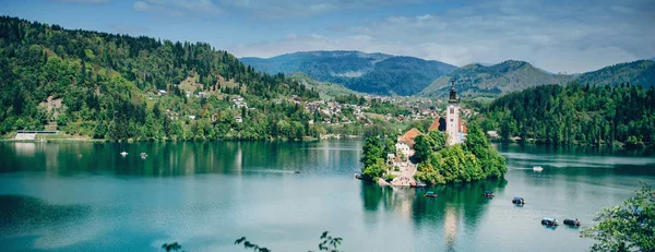 Jezioro Bled Słowenii Panoramiczny Obraz — Zdjęcie stockowe