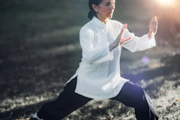 Frau Praktiziert Tai Chi Quan Park — Stockfoto