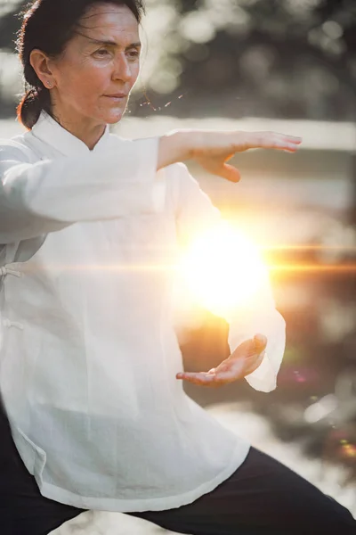 Mujer Practicando Tai Chi Quan Parque —  Fotos de Stock