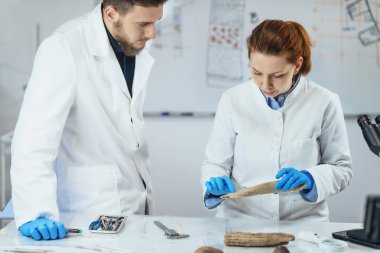 Laboratuvardaki genç kadın Arkeoloji araştırmacıları, antrenin tarih öncesi dönemde nasıl bir araç olarak kullanıldığını gösteriyor..  