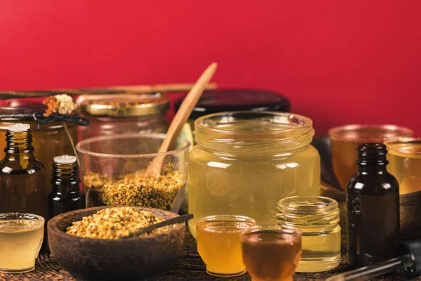 Olika Typer Honung Honung Bee Pollen Propolis Och Trä Honung — Stockfoto