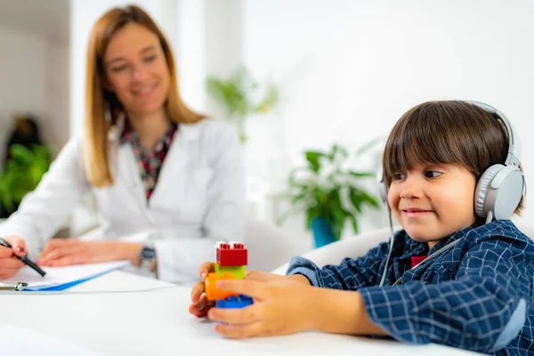 Boy Having Hearing Exam Audiologist Office — Stock Photo, Image