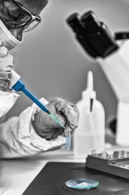 Adli tıp uzmanı laboratuvarda bilinmeyen şüpheli maddeyi inceliyor..