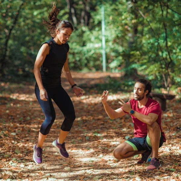 Friends Exercising Outdoors Park Nature — Stok Foto