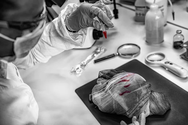 Criminalística Laboratorio Analista Forense Examinando Tela Con Rastros Sangre — Foto de Stock