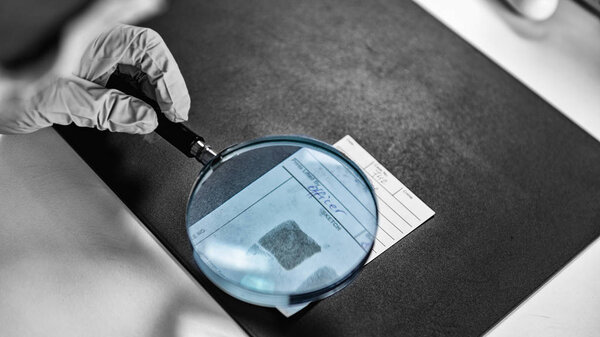 Forensics. Police laboratory expert examining fingerprints form