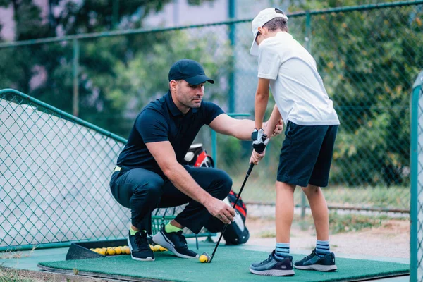 Golf Lessons Golf Instructor Giving Game Lesson Young Boy — Stock Photo, Image