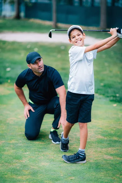 Personal Golf Lessons Golf Instructor Adjusting Swing Young Boy — Stock Photo, Image