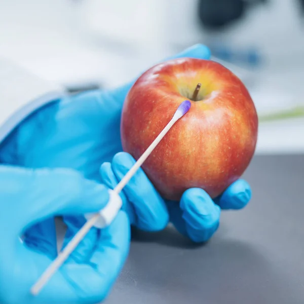 Laboratoriumanalyse Voor Voedselveiligheid Biochemicus Zoek Naar Pesticiden Appels — Stockfoto