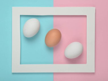 Pastel renkli bir arka plan üzerinde beyaz bir çerçeve içinde tavuk yumurtası. Minimalist eğilim
