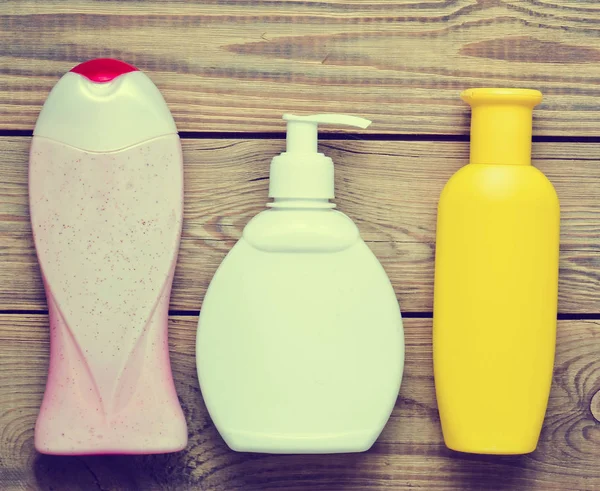 Botellas Productos Para Baño Gel Ducha Jabón Líquido Champú Una — Foto de Stock
