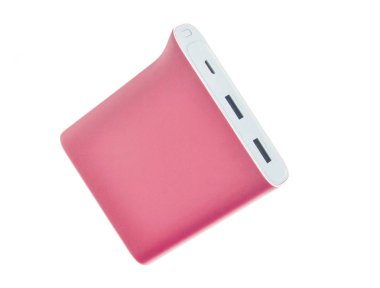 Pastel pembe güç banka beyaz arka plan üzerinde izole. Akıllı telefonlar ve diğer becerikli alet için harici pil.