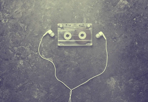 Conceptual Photo Illustrating Love Music Audio Cassette Headphones Black Concrete — Stock Photo, Image