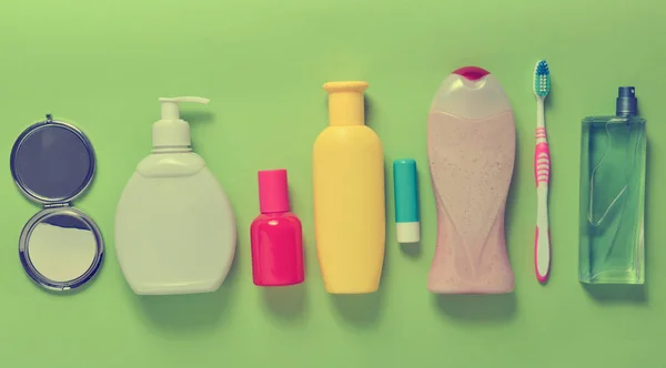 Products Beauty Self Care Hygiene Green Pastel Background Shampoo Perfume — Stock Photo, Image
