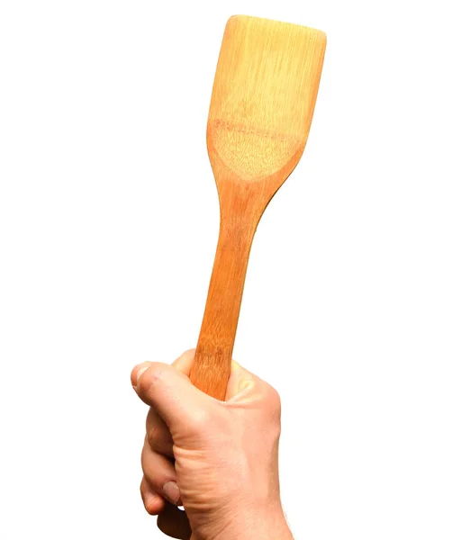 Wooden Spatula Frying Hand Isolated White Background — Stock Photo, Image