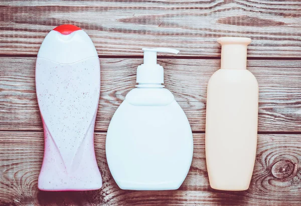 Botellas Productos Para Baño Gel Ducha Jabón Líquido Champú Una —  Fotos de Stock