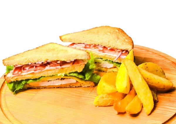Sandwich Con Papas Horno Sobre Una Tabla Madera Aislada Sobre — Foto de Stock