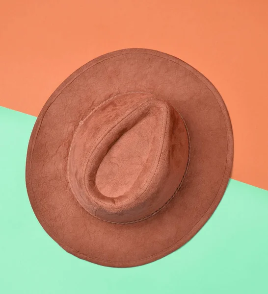 Minimalistic Layout Fashionable Felt Hat Colored Pastel Background Top View — Stock Photo, Image