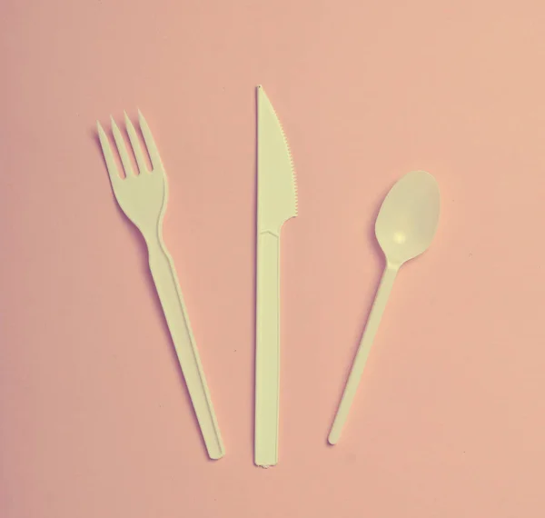 Plastové Příbory Pro Pikniky Růžovém Pozadí Jednorázové Lžíce Vidlička Nůž — Stock fotografie