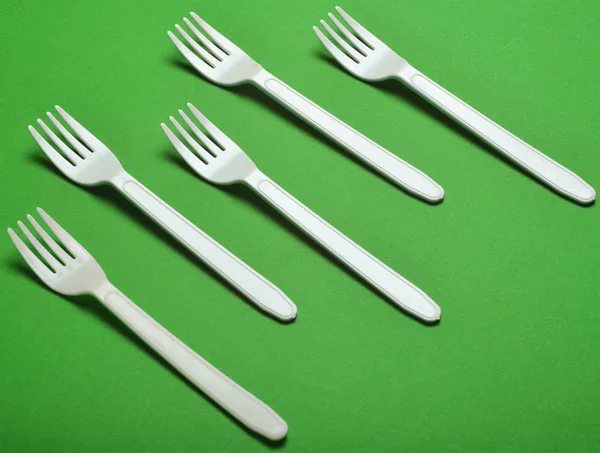 Plastic Fork Picnic Red Background Minimalist Trend Top View — Stock Photo, Image
