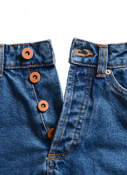 Calça Jeans Azul Desabotoada Com Botões Metal Fundo Branco Espaço — Fotografia de Stock