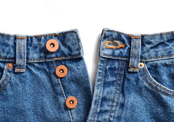 Calça Jeans Azul Desabotoada Com Botões Metal Fundo Branco Espaço — Fotografia de Stock